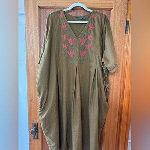 Gudrun Sjoden Olive Dress/tunic with Pink Floral Embroidery